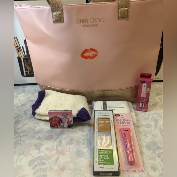 NIP JIMMY CHOO PARFUMS Pink and Glittery Gold Lip Print Tote